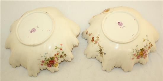 A pair of Royal Worcester blush ivory shell shaped dishes, c.1894/5, 23.5cm, one re-stuck